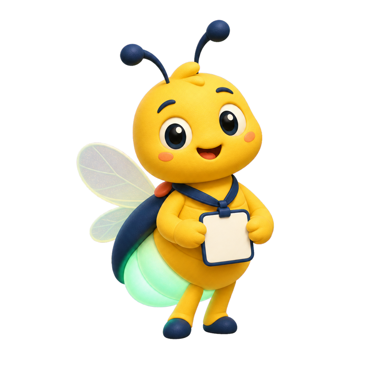 Affi, a friendly firefly wearing a conference badge